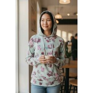 Ultra Flirt Mint Floral Hoodie Pullover Cottagecore Boho Large Lightweight Top